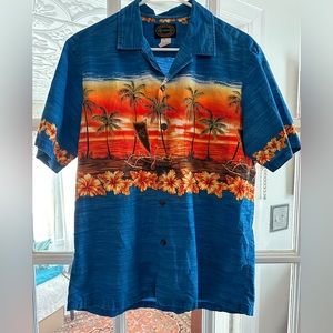 SOLD Bold blue with Hawaiian outrigger Aloha shirt size M